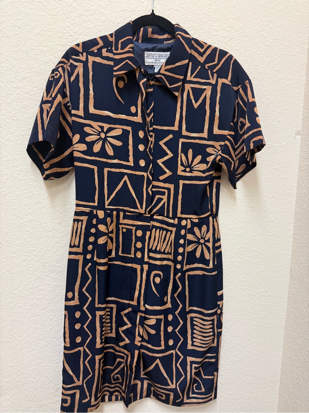 Jessica Howard Navy Dress with Tan Geometric Print